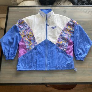 Vtg 90s Reebok Women's Size M Full Zip Windbreaker Jacket Splatter Purple Blue